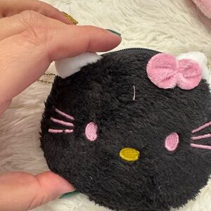 Hello kitty Black Plush Cat Coin Pouch with Pink Bow keychain